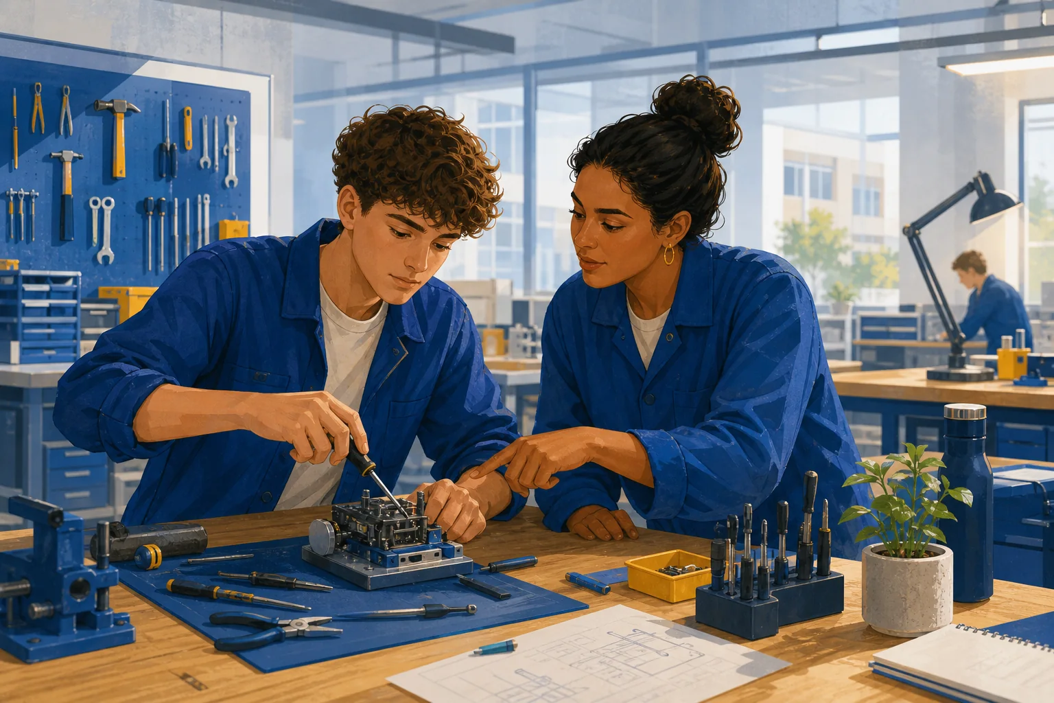 Apprenti accompagné par une professionnelle dans un atelier