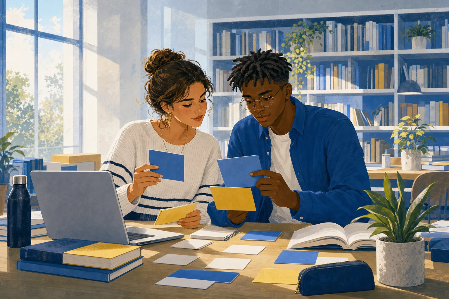 Étudiants comparant des parcours de formation en bibliothèque
