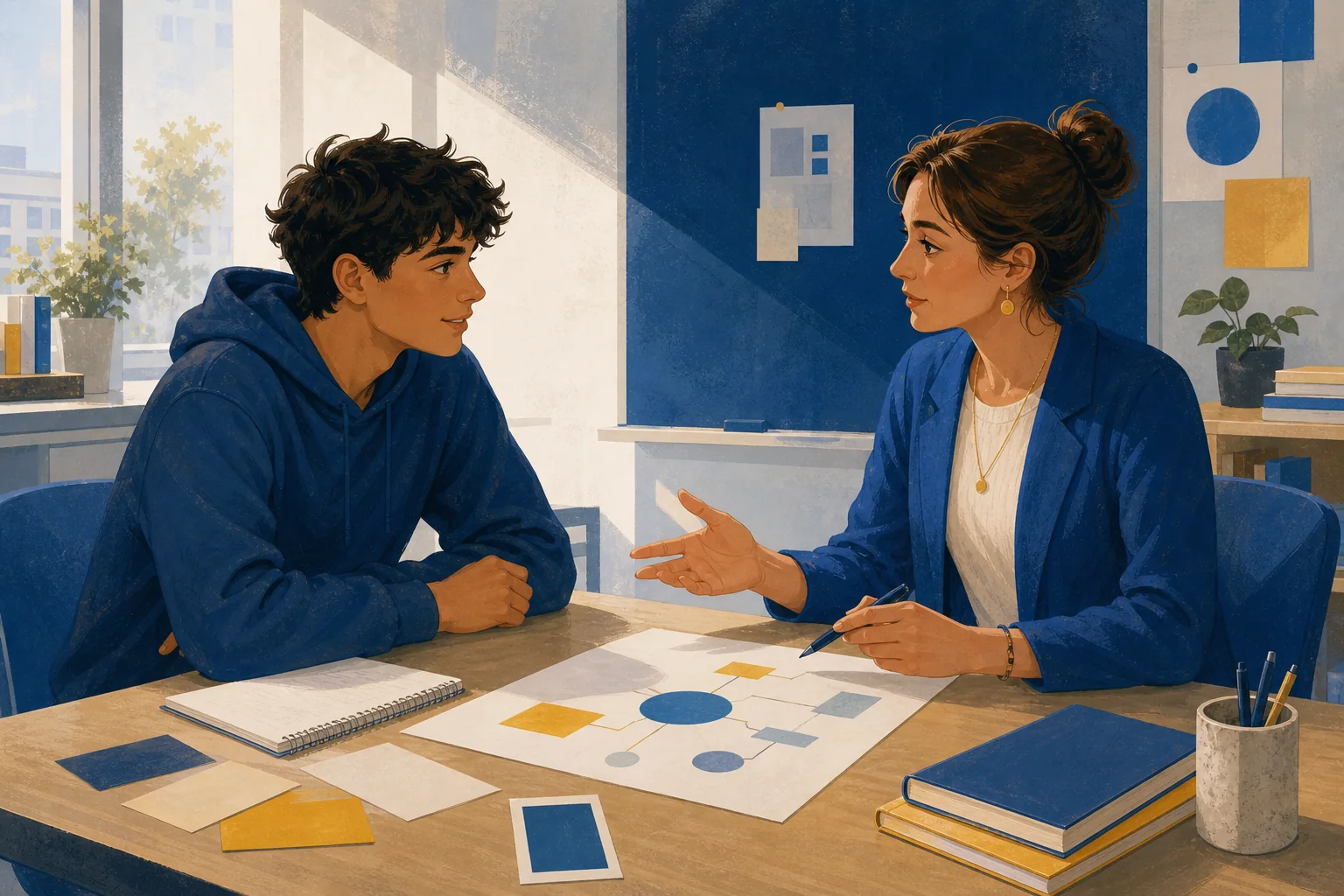Étudiant échangeant avec une conseillère sur son orientation